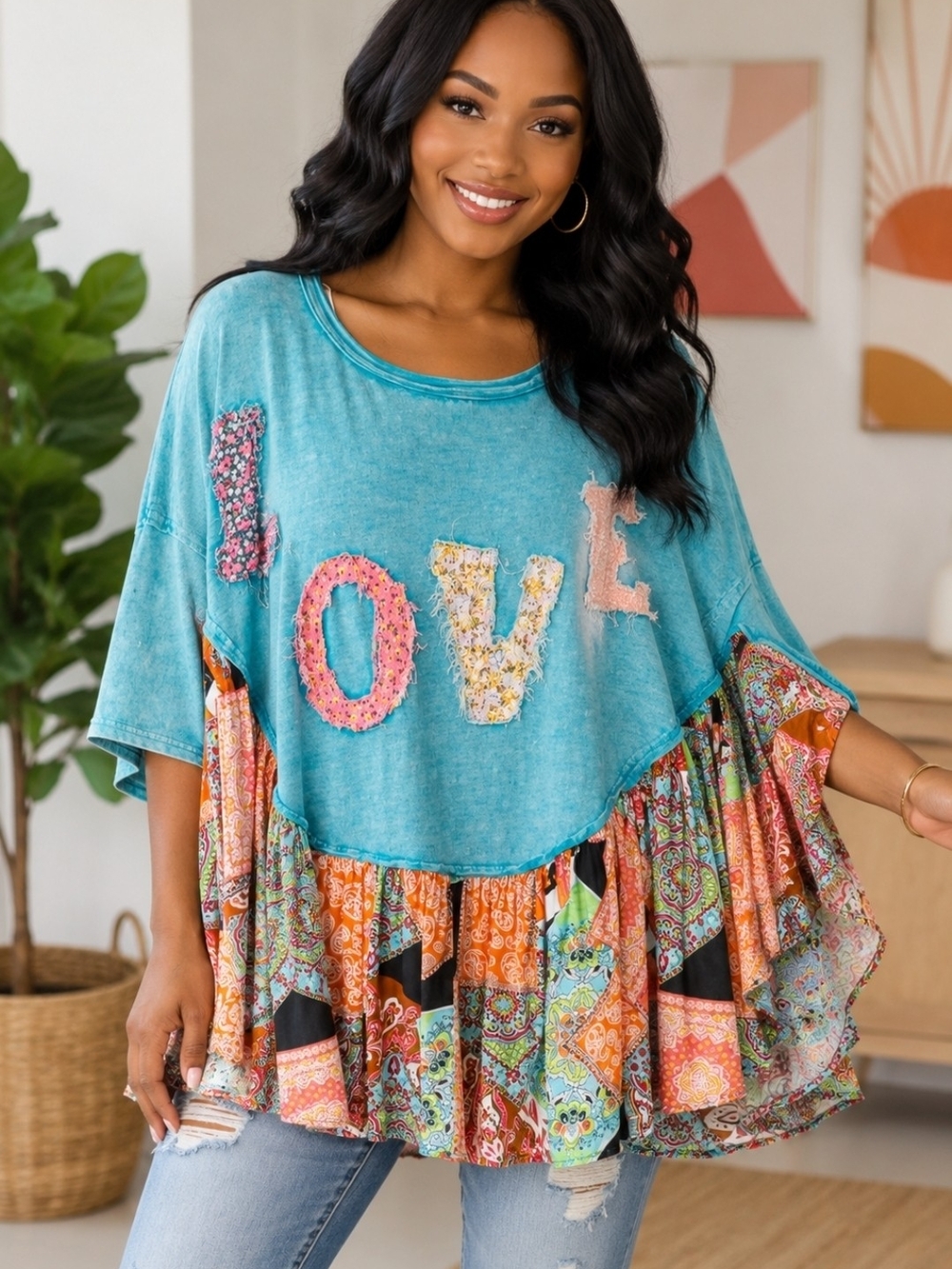NEW!!! Oli And Hali WASHED ROUND NECK LOVE PATCHWORK RUFFLE HEM TOP, Sz XL